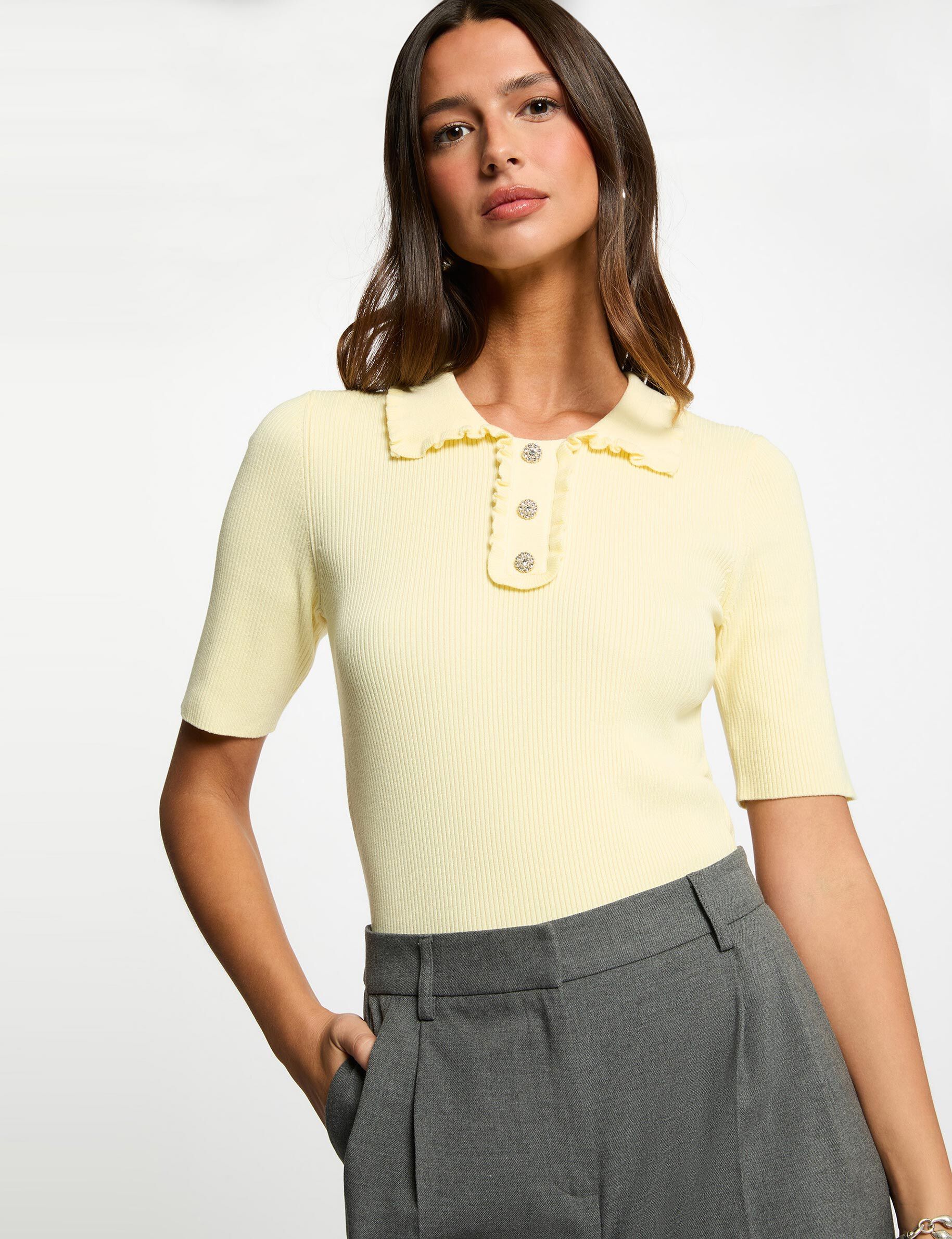 Pull col à revers jaune pastel femme - vue 1