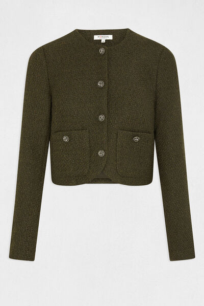 Veste droite boutonnée avec col rond vert fonce femme