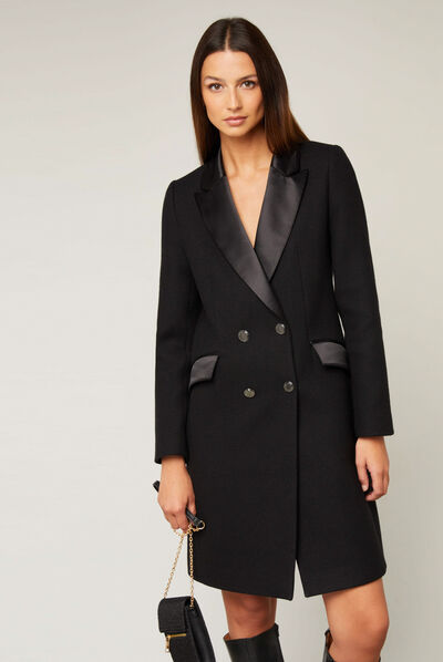 Manteau long détails satin noir femme