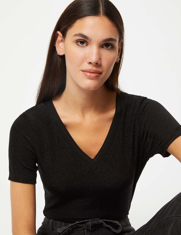 t shirt manches courtes avec col en v noir femme T-shirt manches courtes avec col en V noir femme