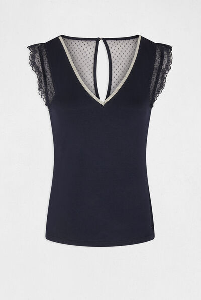 T-shirt manches courtes avec dentelle marine femme