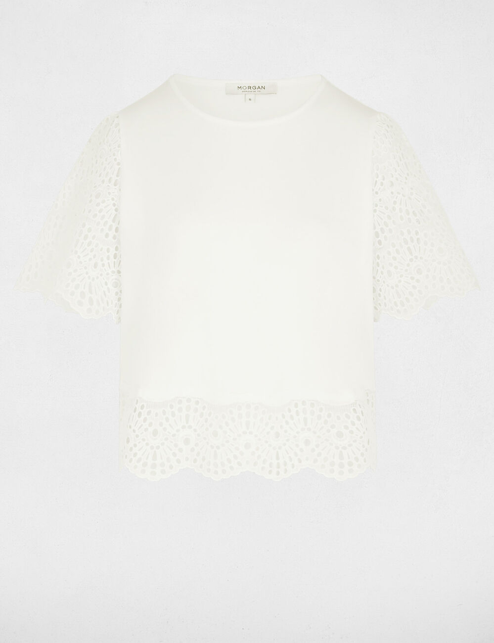T-shirt dentelle col rond blanc femme