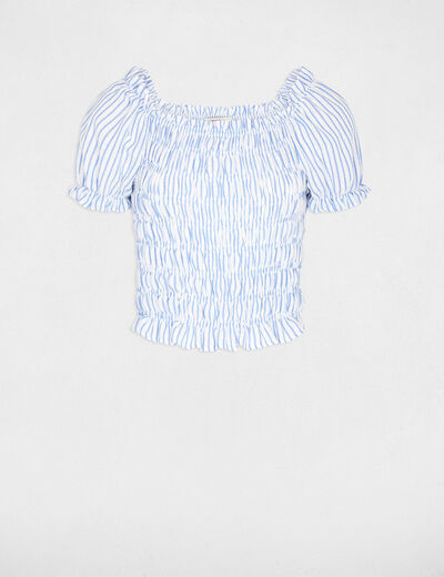Blouse ray&eacute;e bardot bleu ciel femme