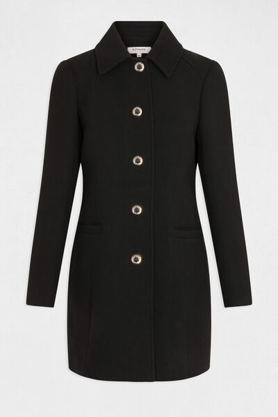 Manteau long droit boutonné noir femme
