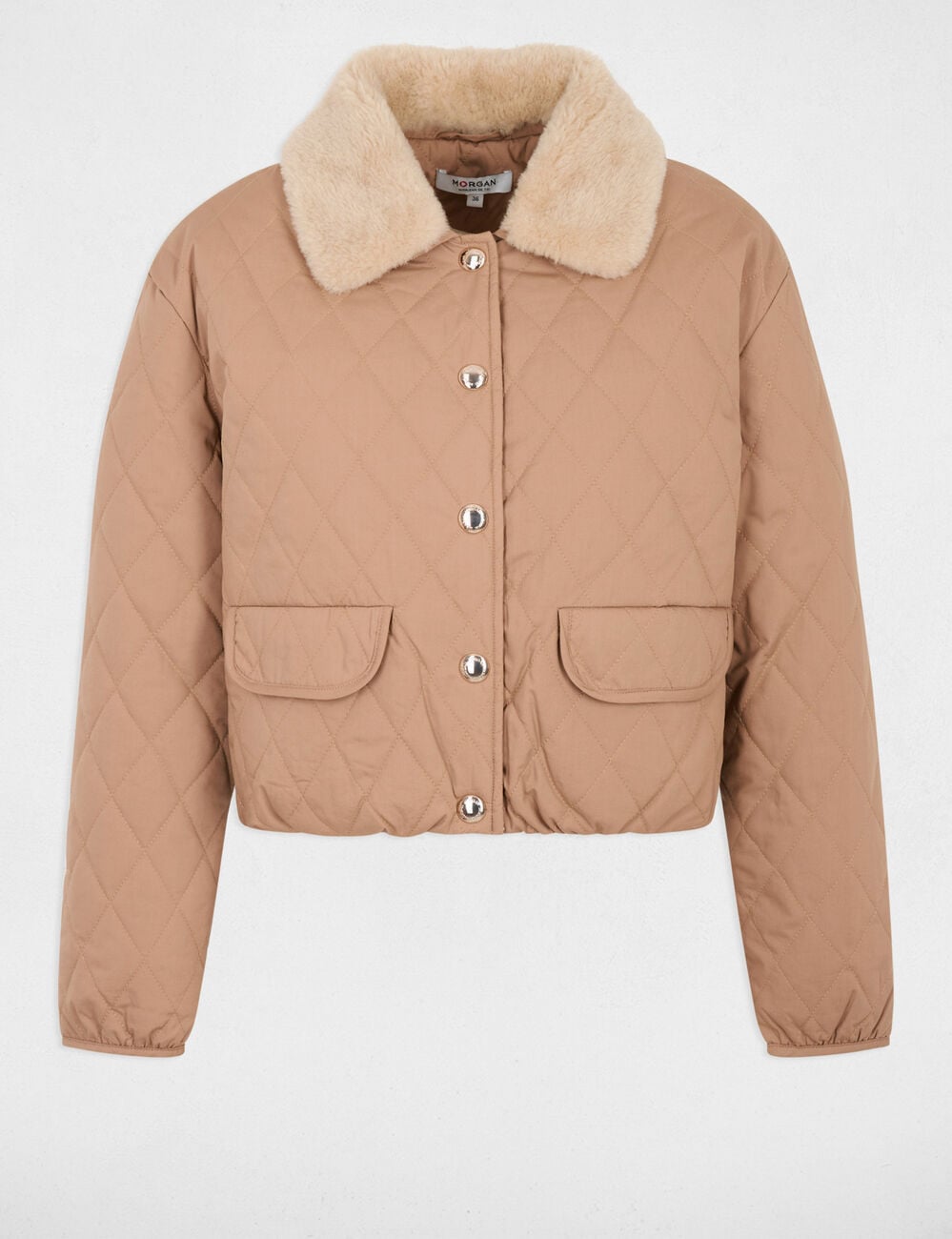 Veste courte matelass&eacute;e marron cognac femme