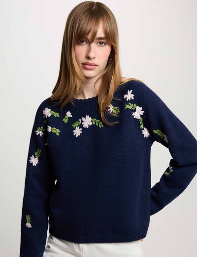 Pull brod&eacute; manches longues bleu marine femme