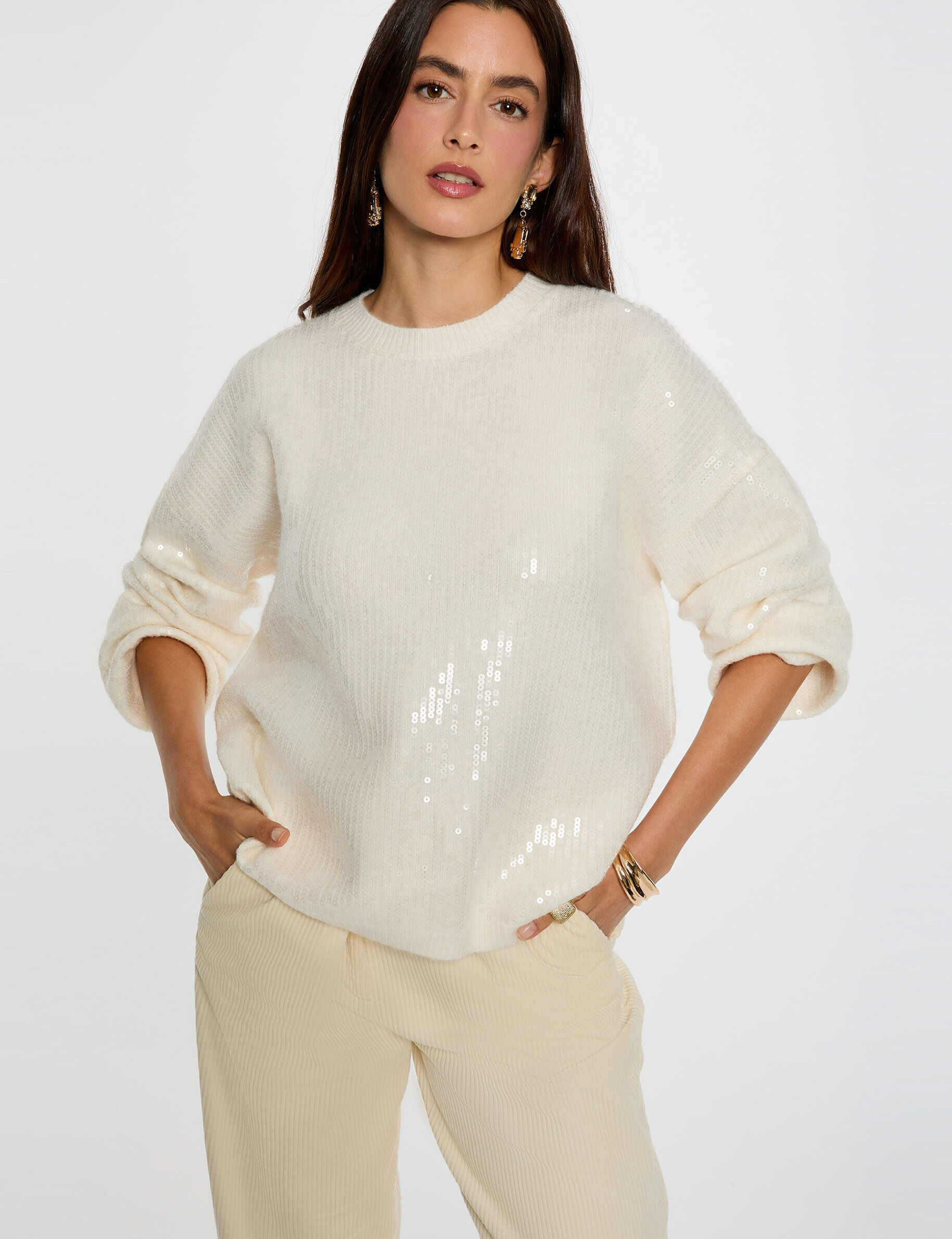 Pull sequins col rond femme