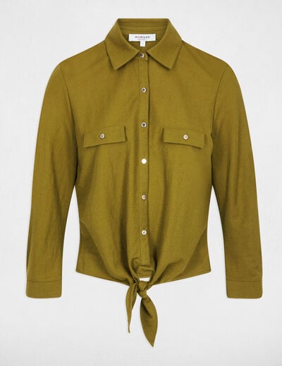 Chemise nou&eacute;e col &agrave; revers vert olive femme