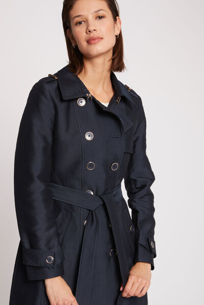 Manteau droit ceinturé boutonné marine femme