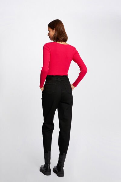 Pull manches longues à col en U framboise femme