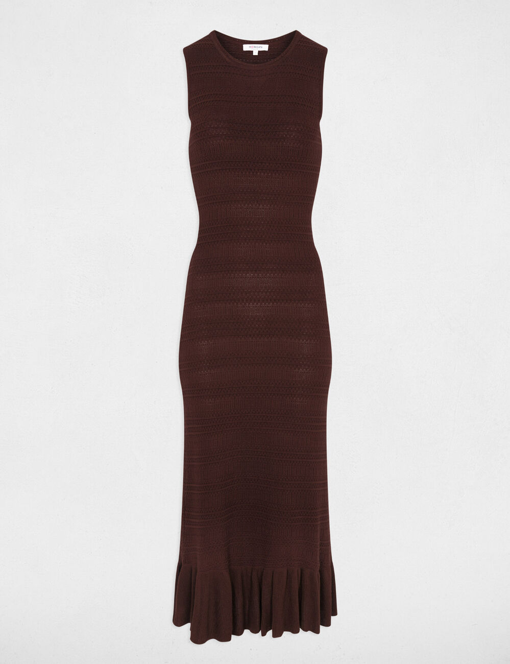 Robe tricot longue sans manches marron fonc&eacute; femme