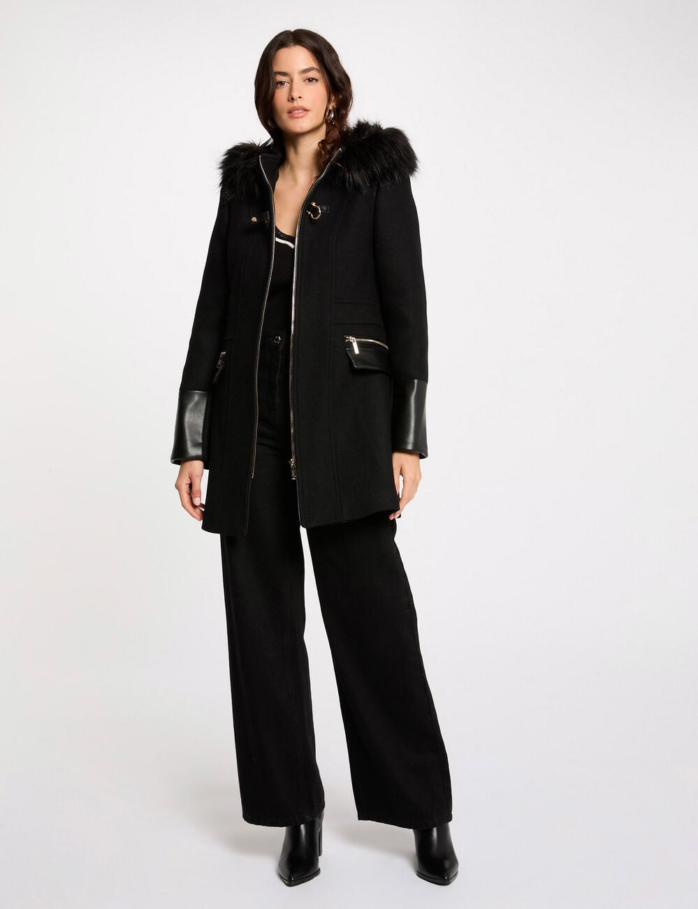 Manteau bouclette col montant noir femme