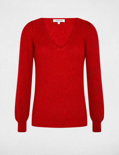 Pull manches longues à col en V rouge moyen femme