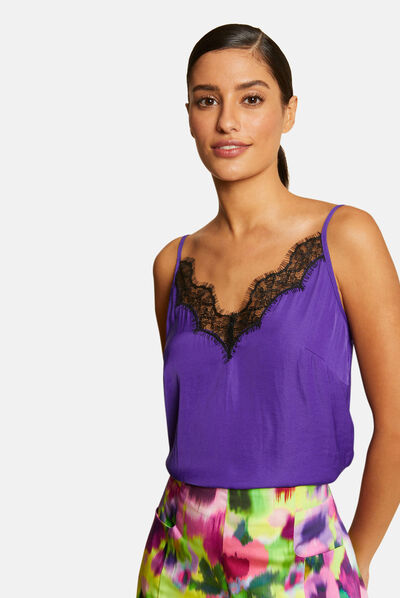 Blouse bretelles fines avec dentelle violet fonce femme