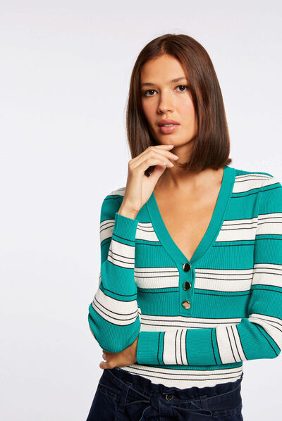 Pull manches longues à rayures vert moyen femme