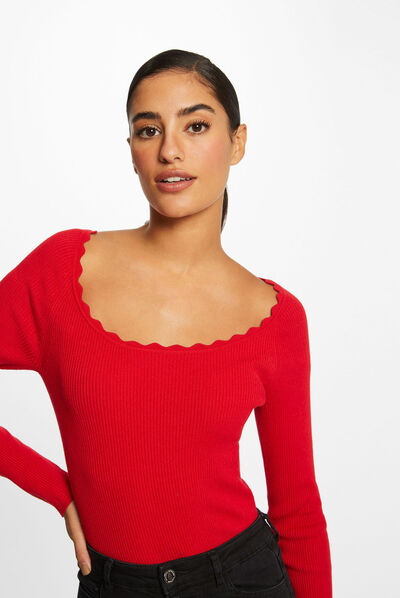 Pull manches longues avec col rond rouge femme