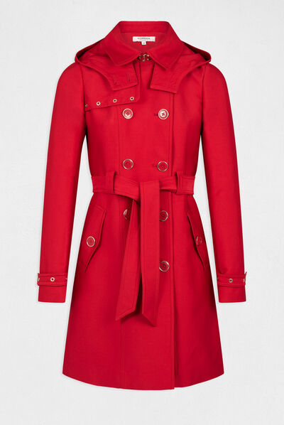 Trench droit ceinturé à capuche rouge femme