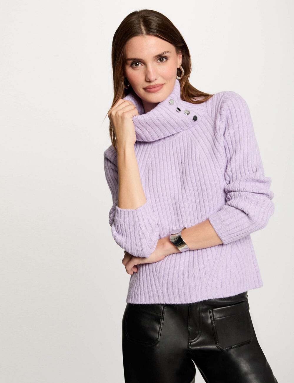 Pull col roulé à boutons parme femme