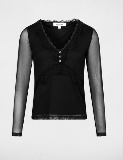Top dentelle col v noir femme