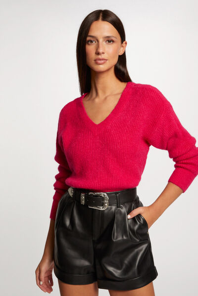 Pull manches longues à col en V rose moyen femme