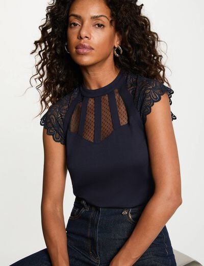 T-shirt manches courtes &agrave; dentelle bleu marine femme