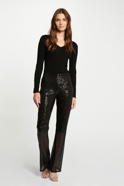 Pantalon large avec sequins noir femme