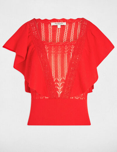 Pull manches courtes dentelle orange femme