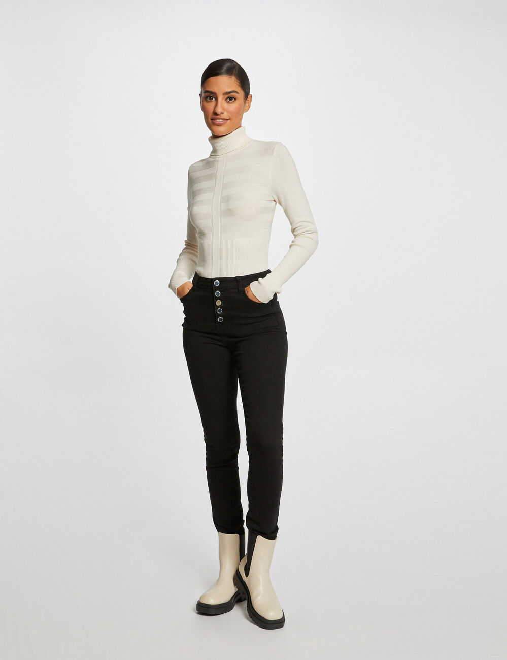 Pull manches longues &agrave; col roul&eacute; ivoire femme