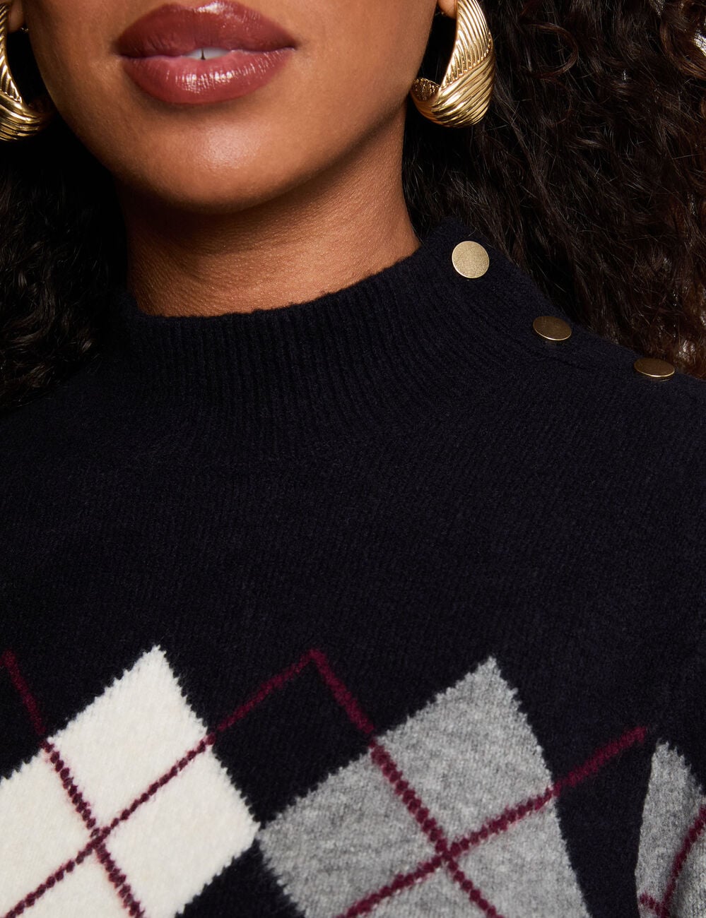 Pull jacquard col montant bleu marine femme