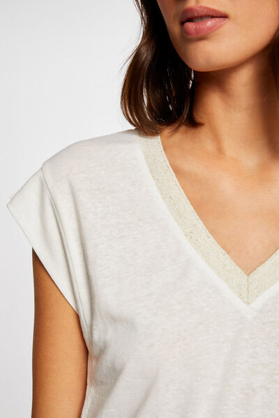 T-shirt manches courtes à col en V ecru femme