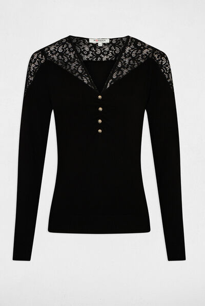 Pull manches longues à dentelle noir femme