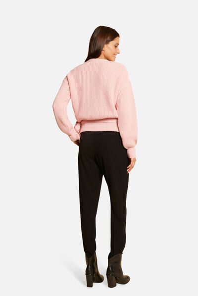 Pull manches longues col cache-coeur rose femme
