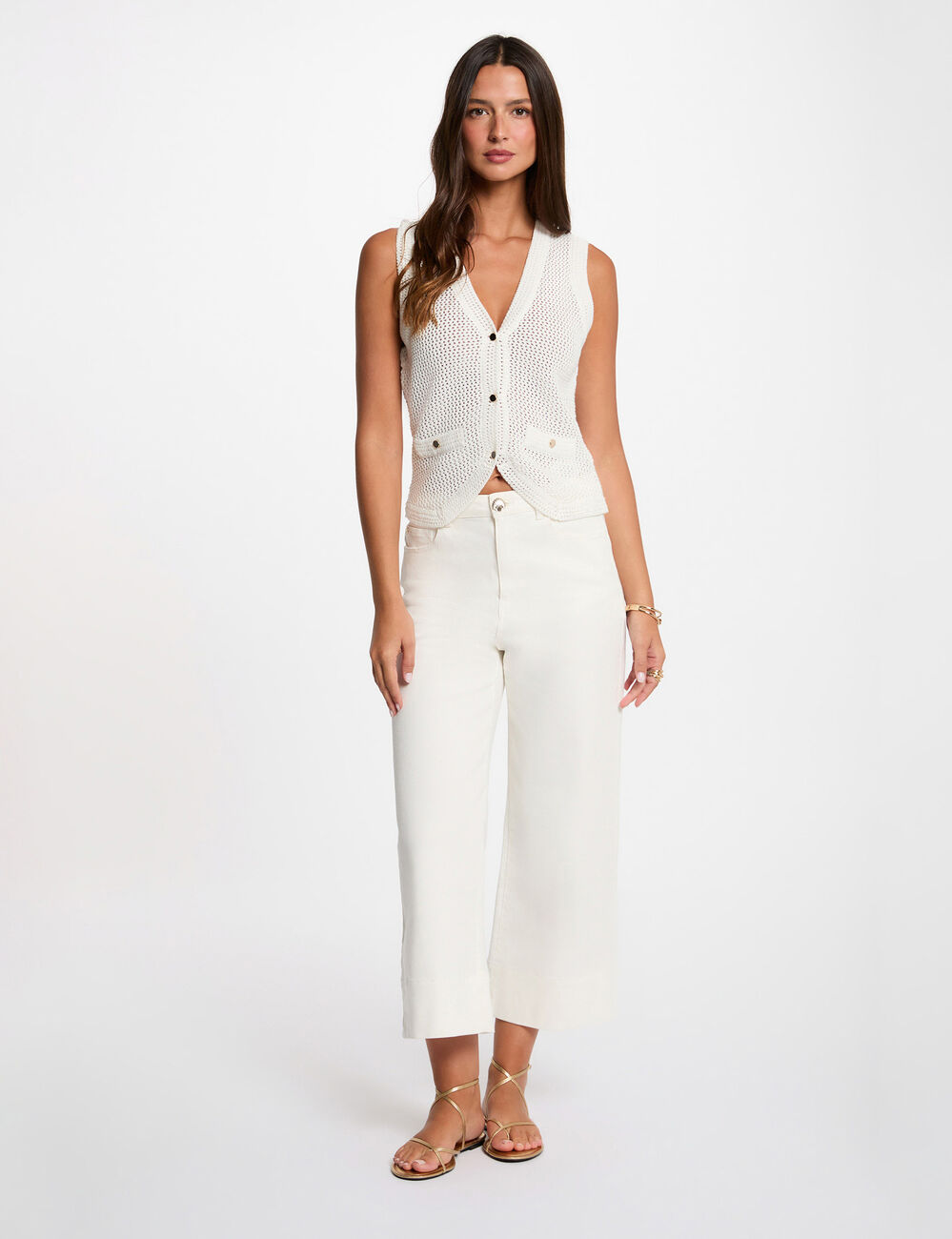 Gilet ajour&eacute; sans manches blanc femme