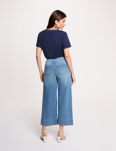 T-shirt col v perl&eacute; bleu marine femme