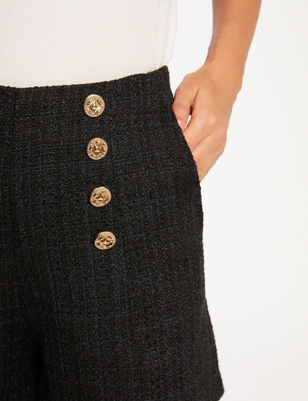 Short droit taille haute à pont marine femme