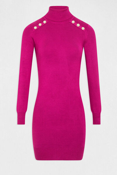 Robe pull ajustée col roulé et boutons framboise femme
