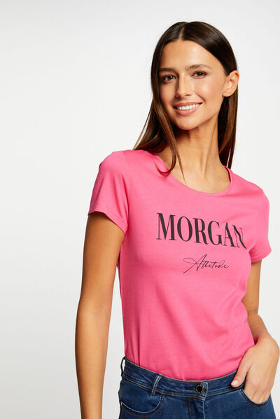 T-shirt manches courtes à inscription fuchsia femme