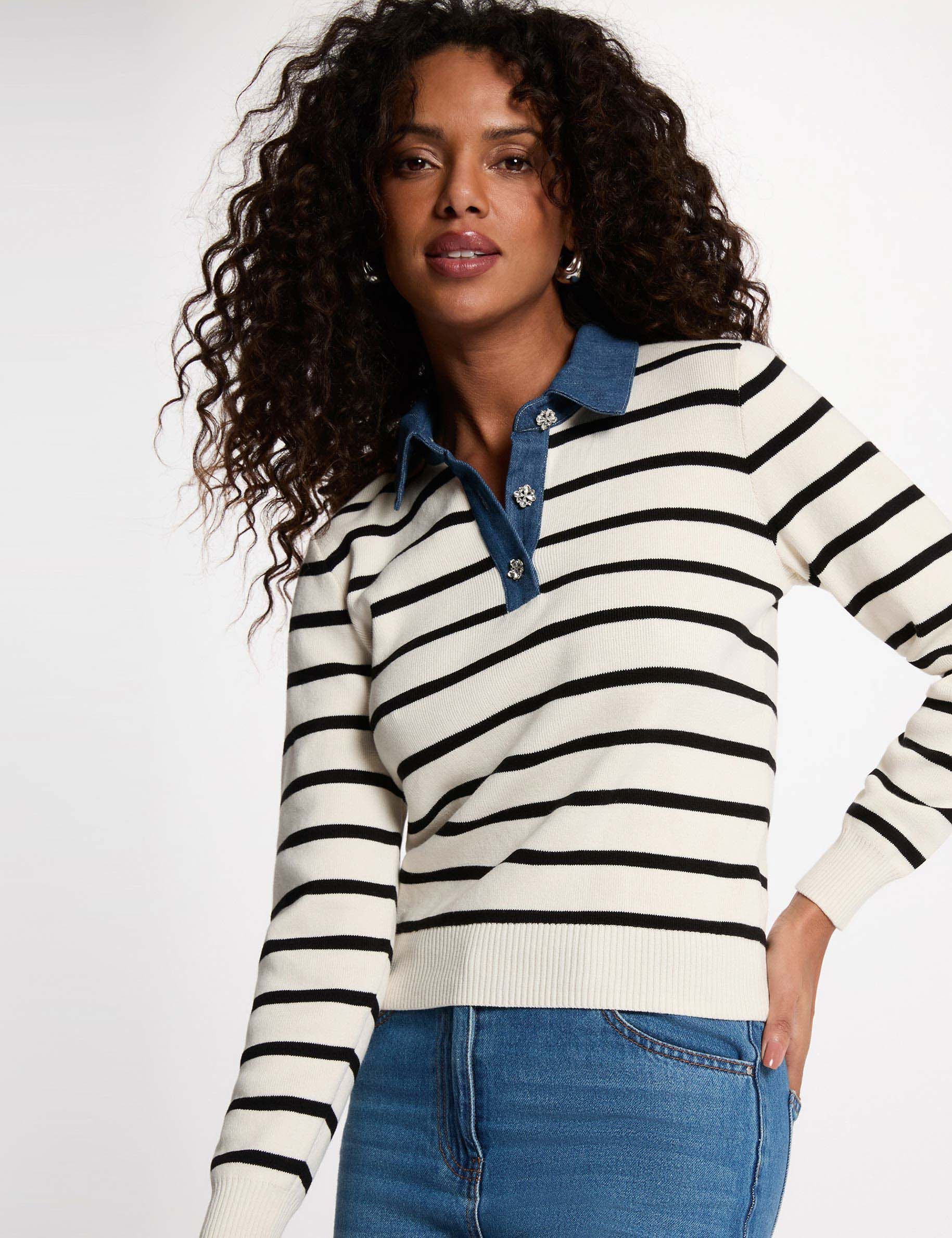 Pull rayé col à revers ivoire femme Pull rayé col à revers ivoire femme