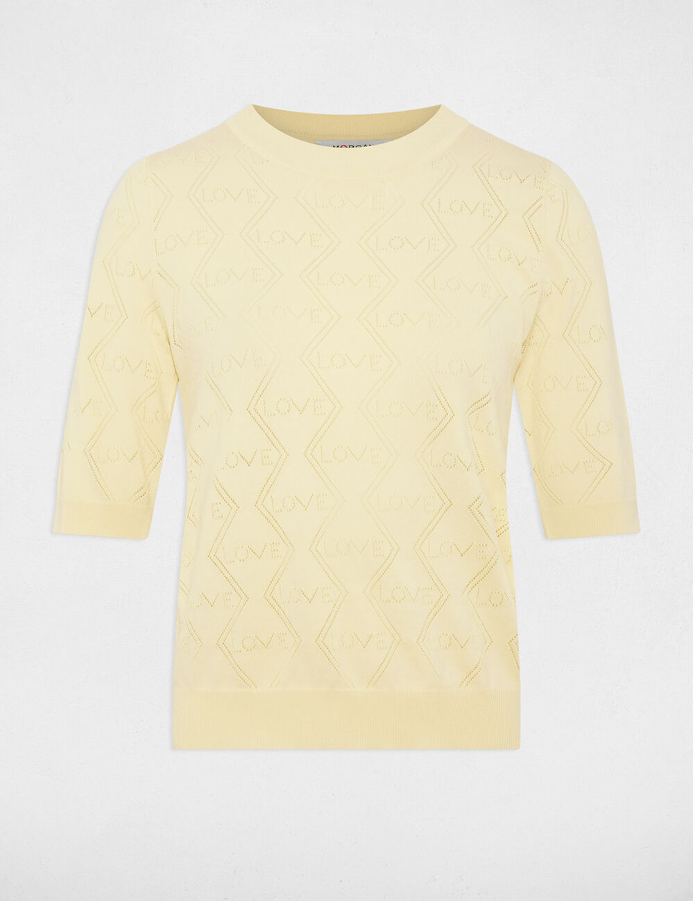 Pull ajour&eacute; manches 3/4 jaune pastel femme