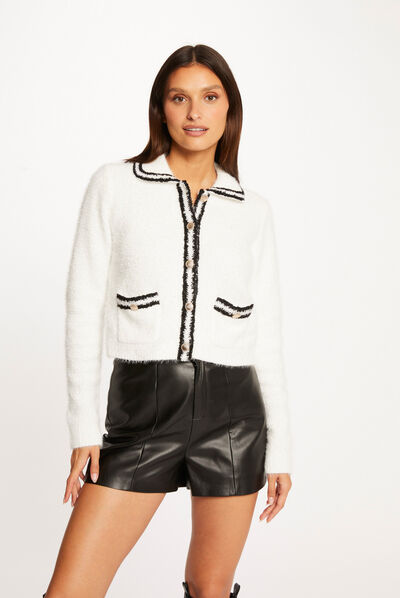 Gilet boutonné à bandes contrastantes ecru femme