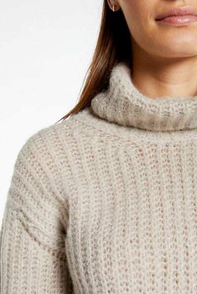 Pull manches longues à col roulé beige clair femme