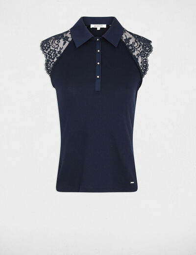 T-shirt dentelle col revers bleu marine femme