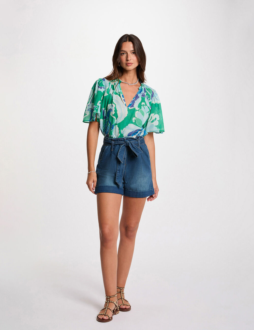 Short en jean ceintur&eacute; denim stone femme