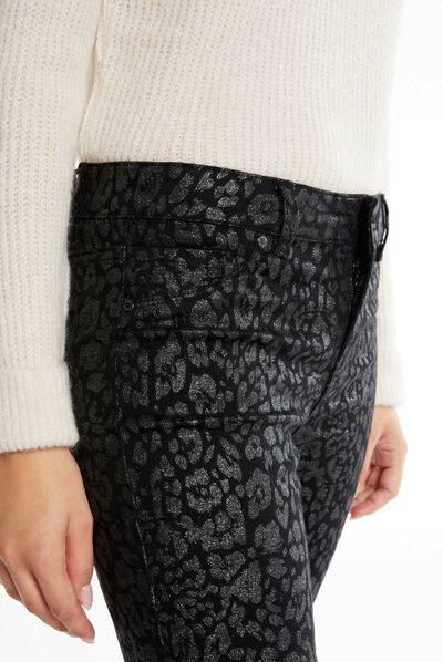 Pantalon skinny enduit imprimé léopard noir femme