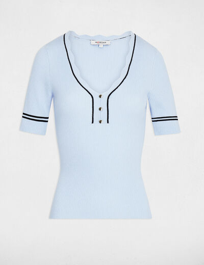 Pull ajust&eacute; col v bleu ciel femme