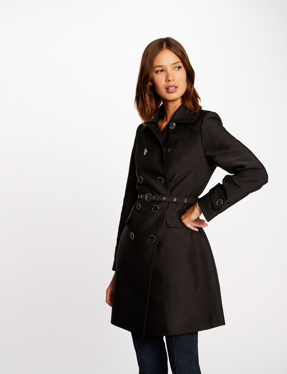 Trench droit boutonné et ceinturé noir femme