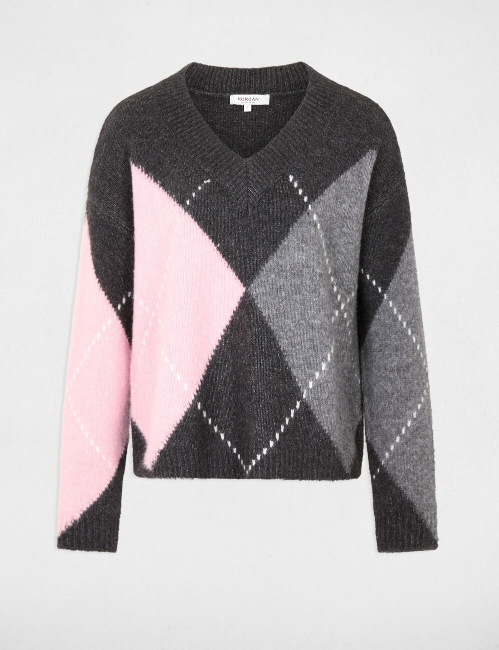 Pull jacquard col v gris fonc&eacute; femme