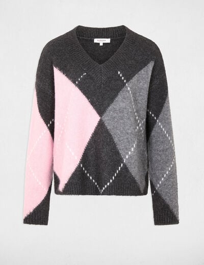Pull jacquard col v gris fonc&eacute; femme