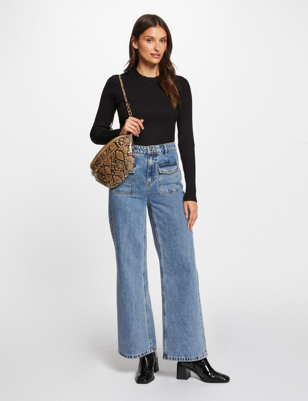 Pull col montant côtelé noir femme