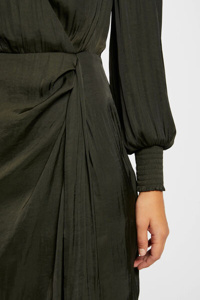 Robe cintrée drapée satin vert fonce femme